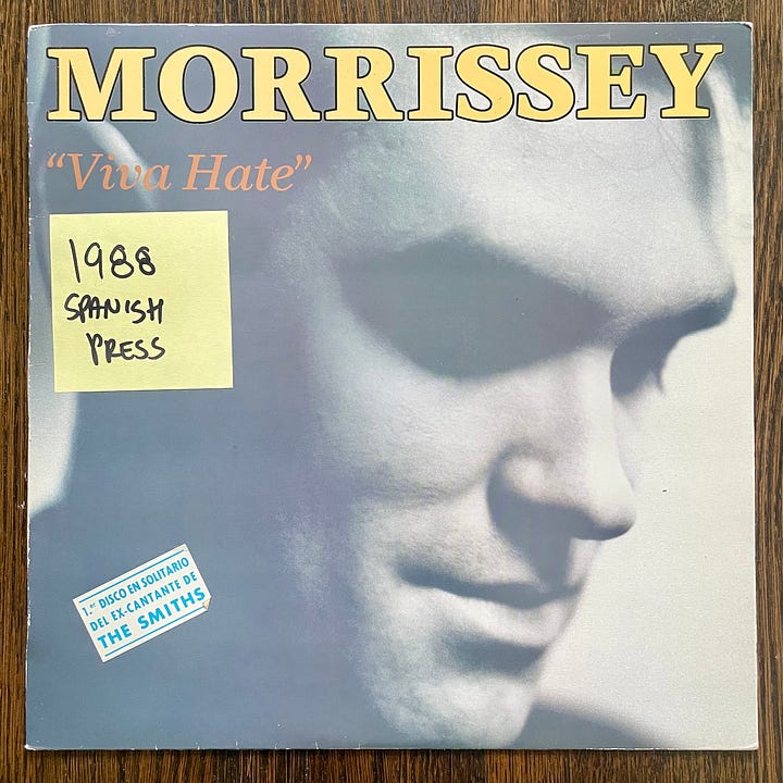 pictures of the album covers of Iron Maiden's The Number of the Beast with 1982 Press sticker and Morrissey's Viva Hate with 1988 Spanish Press sticker