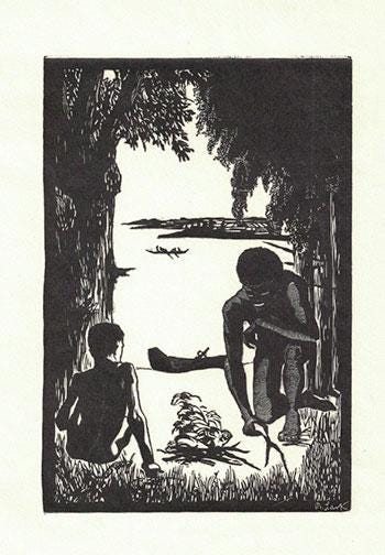 Left: Mowgli and Bagheera by Sergey Artyushenko, 1986.  //  Right: Huckleberry Finn and Jim. Wood engraving by Betty Lark-Horovbotz, c. 1950s.
