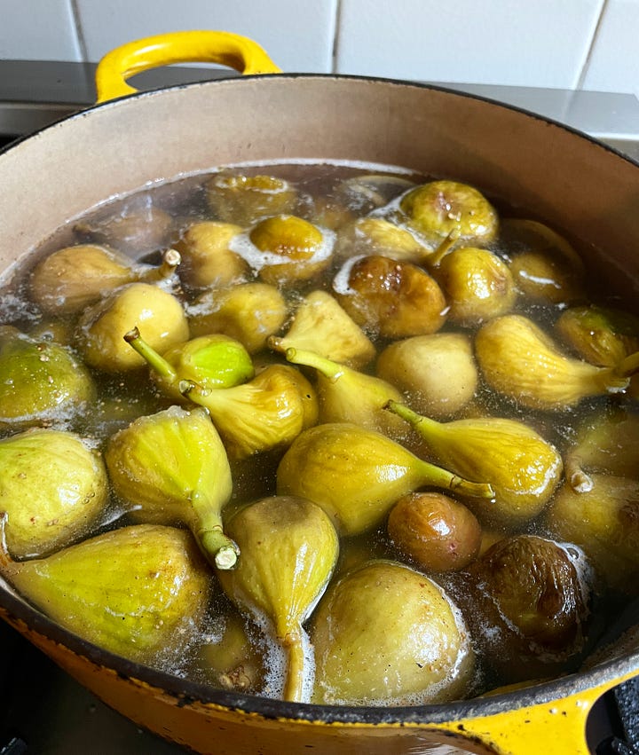 Figs are cooked until translucent or candied, then jarred