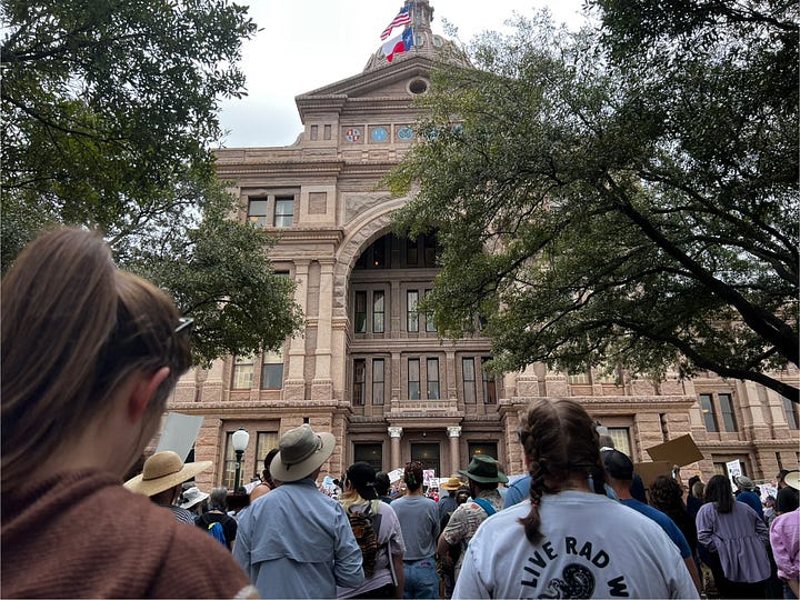 Photos showing crowds of protestors at the Austin, Texas state capitol on February 5. 2025