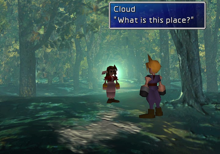 Parallel between Aerith intruding in Cloud's dream in her Resolution scene in Remake and after losing consciousness at the Temple of the Ancientsin the original game.