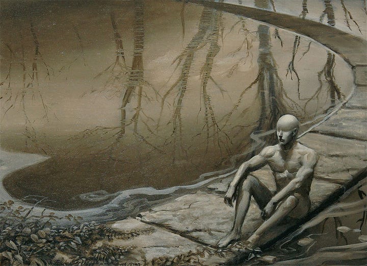 LEFT: Sepia toned alternative preliminary concept for HOT SKY AT MIDNIGHT featuring a naked man with smooth skin where his eyes would be. On a stone path surrounding water, he sits with arms resting on his knees. The reflection in the water is of barren tree limbs. RIGHT: Tonal preliminary concept for HOT SKY AT MIDNIGHT featuring a scantily clad woman with black shoulder length hair. She wears bikini bottoms and a silky cape. With one arm back resting on stone behind her, the fabric slides nearly exposes her breasts. In her other hand, she wields a knife at her hip. Behind her are ruins made of concrete mixed with technology in a state overgrown with jungle vegetation. Through a break in the trees a skyscraper resembling the Transamerica Pyramid and another building can be seen.