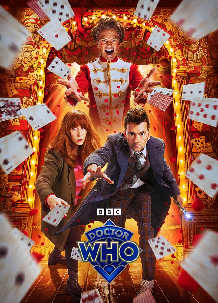 A brightly coloured promotional poster for the new series of Doctor Who and a screenshot of the new Doctor, Ncuti Gatwa from the episode. The first image is a photo of David Tennant and Catherine Tate running away from Neil Patrick Harris' character with circus thematic imagery and playing cards seemingly flying out from the centre. The screenshot features Ncuti Gatwa looking to the left side of the image in a red leather coat and a lit up Christmas tree is blurred in the background as light snow falls around Ncuti.