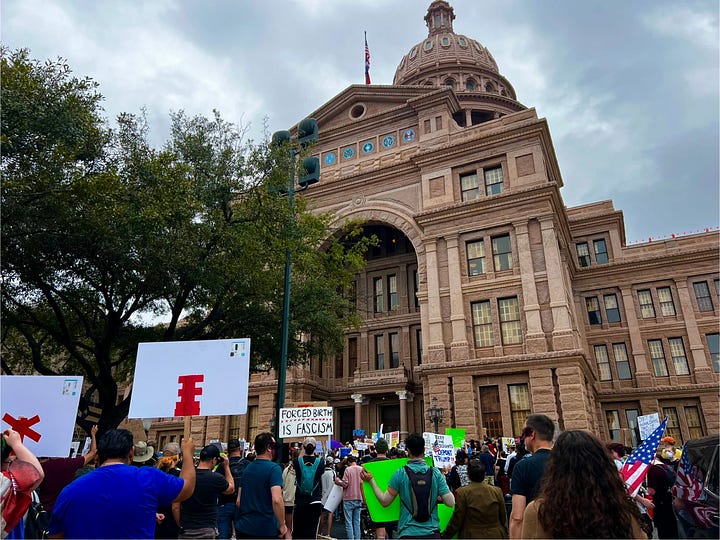 Photos showing crowds of protestors at the Austin, Texas state capitol on February 5. 2025