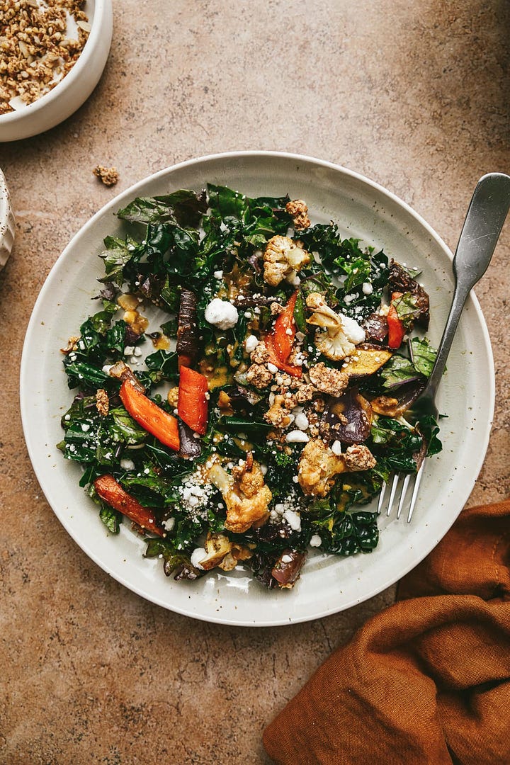 A plate of fall kale salad next to a photo of peanut butter cookies.