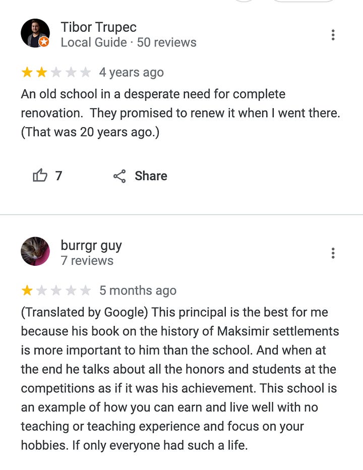 Screenshots of one star reviews of the school from Google Maps