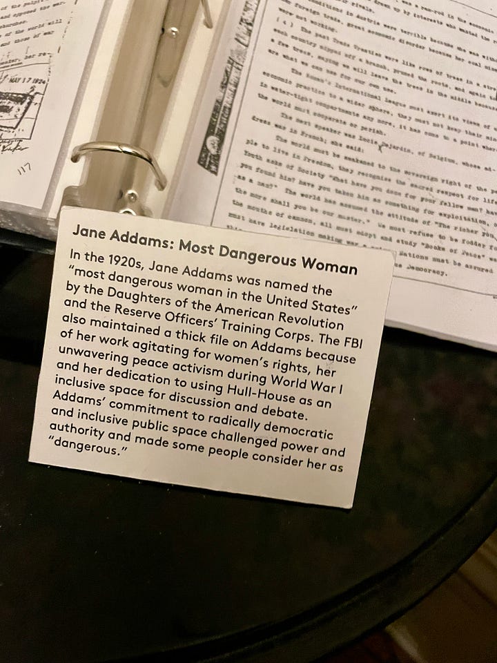 Image of Jane Addams' Nobel Peace Price and her FBI file taken in her bedroom at the Hull House Museum in Chicago.