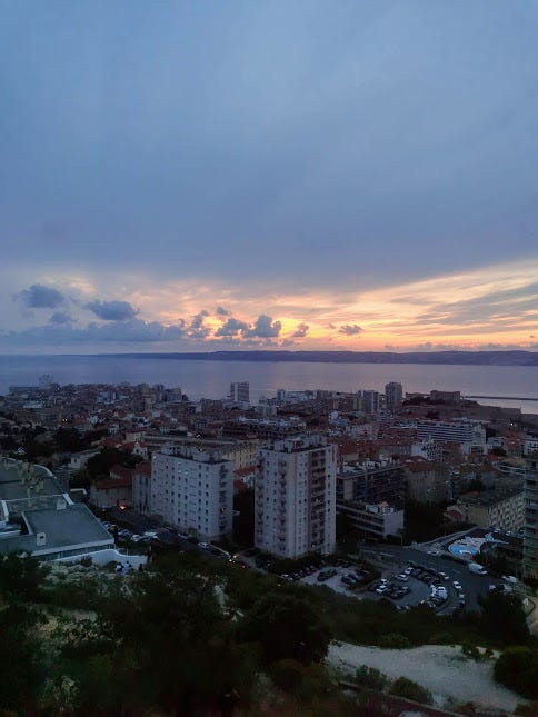 A photo of a tree-lined path in Lyon next to a photo of the sun setting over Marseille