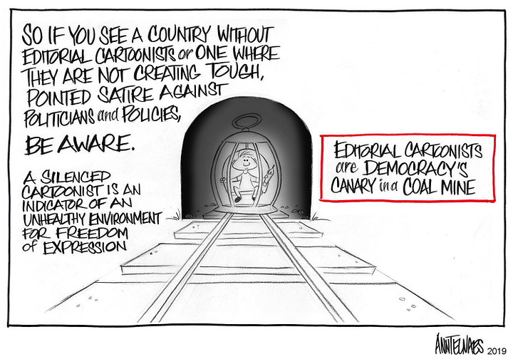 The opening and closing frames from an Ann Telnaes illustrated essay on the importance of political art in democracies.