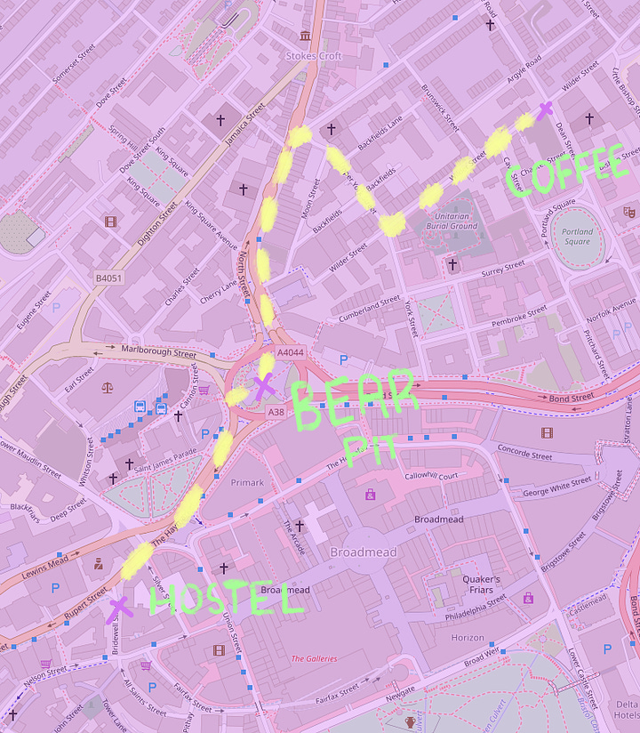 The route I took from my hostel to the coffee shop (left) Bear Pit (right)