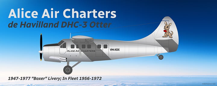 A selection of former fleet aircraft: 1) Alice Air Charters Douglas DC-4 (1947-1998), 2) Alice Air Charters Douglas DC-3, 3) Alice Air Charters de Havilland DHA-3 Drover (1950-1970), 4) Alice Air Charters de Havilland DHC-3 Otter, 5) Air NT Beechcraft King Air 250 Combi (1977-1998); 6) Air NT Beechcraft King Air 250 Standard (1977-1998), and 7) Air NT Dornier 328-120 Combi - all shown in side view.