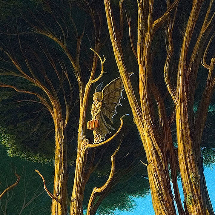 LEFT: Detail from ÉMIGRÉ featuring a winged woman standing on a branch under a canopy of trees. She holds a suitcase with both handle on the handle as she stares out to the sky. RIGHT: Close detail from ÉMIGRÉ featuring a woman in long dress standing on the branch of a tree. The wings on her back are constructed as evidenced by the web-like wooden supports that provide structure on the underside. She holds a suitcase with both hands on the handle. She stares off in the distance as if nervously looking for something.