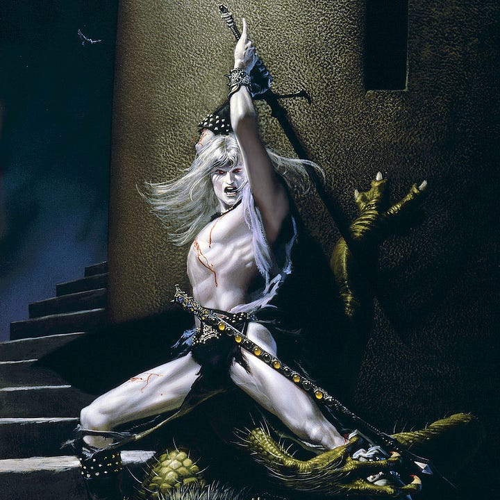 LEFT: Detail from ELRIC DEMONSLAYER featuring a bloodied Elric as he draws back Stormbringer for a killing blow. His clothes are torn to shreds. A long jeweled scabbard is strung at his waist. RIGHT: Detail from ELRIC DEMONSLAYER featuring a green scaled demon on the ground baring its teeth. As Elric straddles it in a wide stance, the demon grips his leg with its foreclaws.