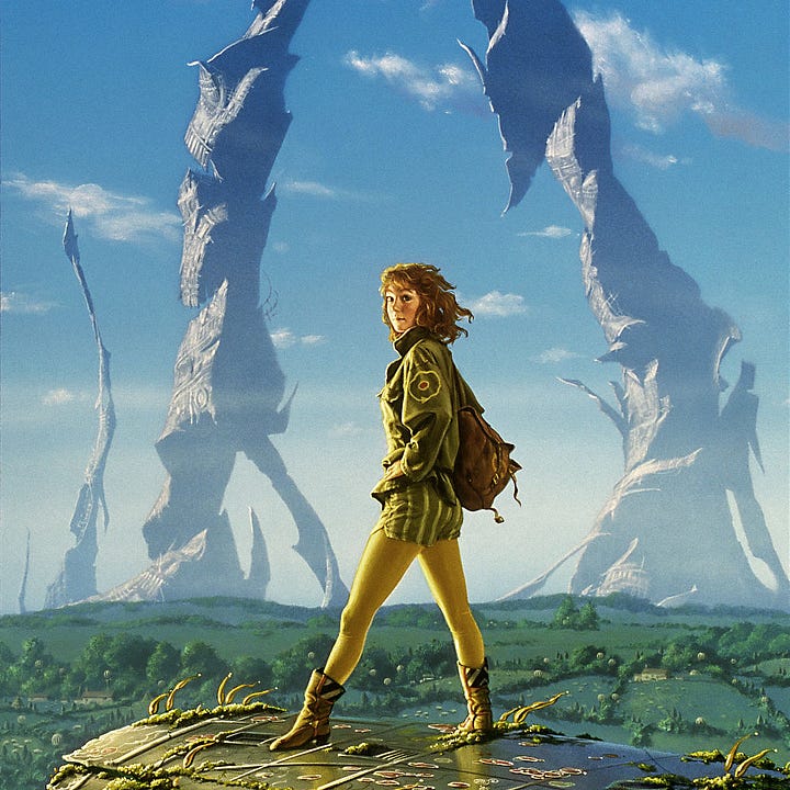 LEFT: Detail from ARKADY featuring a young woman with red hair standing on a metal platform set against a pastoral backdrop and blue skies. One foot is forward to form an inverted V with her legs, echoing the form of the ruined towers behind her.  RIGHT: Close detail from ARKADY featuring a young woman wearing an olive green jacket. On the sleeve is a diagram with red circle at the center and one ring around it. A directional arrow at the bottom points counter clockwise. Her shorts are the same olive green, but with yellow stripes. She wears yellow tights underneath. Her low leather boots have black warning stripes at the back. A leather bag is slung over her far shoulder. Her hand rests on her hip as she turns her head toward the audience.