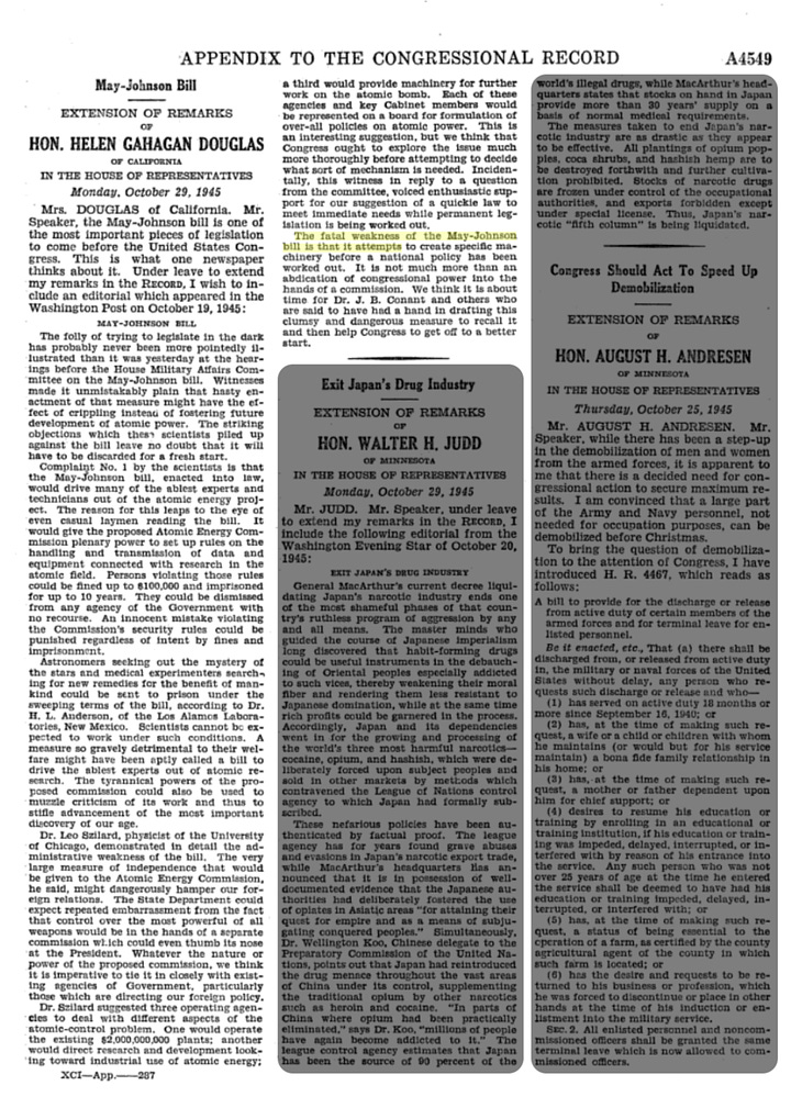 Washington Post editorial Oct 19th 1945 Source: Congressional Record of Oct 29th 1945 (left) Rep. Helen Gahagan Douglas (D-CA); (right)