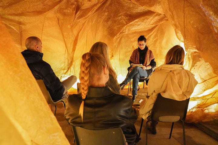 A large underground crypt transformed into an organ of healing via installation of waxed kraft paper environment and performances held in the space. 