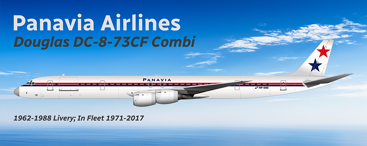 Panavia Douglas DC-8-73CF Combi in 1971-1988 livery (L) and 1988-2017 livery (R), both shown in side view.