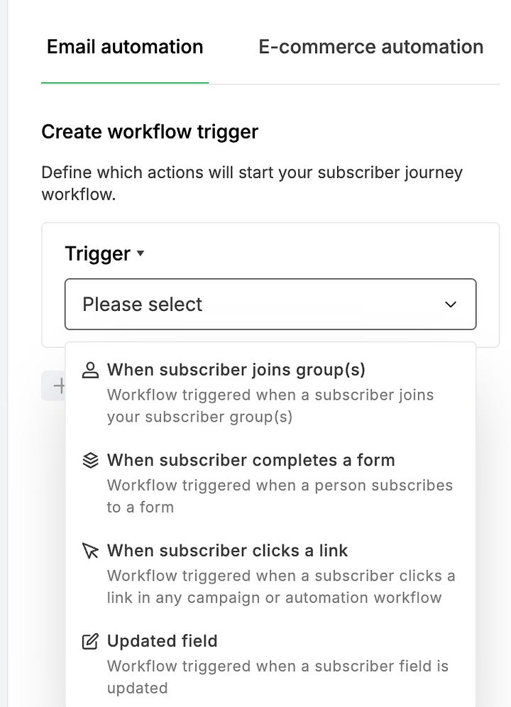Screenshot of the MailerLite automation trigger setup page, showing options for ‘Email automation’ and ‘E-commerce automation,’ with the latter selected. A warning message states that an e-commerce store must be connected to the account, with a ‘Configure’ link. Below, dropdown menus labeled ‘Shop’ and ‘Workflow trigger’ prompt the user to select options. The ‘Workflow trigger’ dropdown displays grayed-out options, including ‘Abandoned Cart,’ ‘Purchases any product,’ ‘Purchases specific product,’ and ‘Purchase from category,’ indicating they are unavailable until an e-commerce store is connected.
