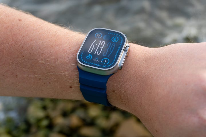 Nomad Rocky Point band for the Apple Watch Ultra in Soli and Atlantic Blue.