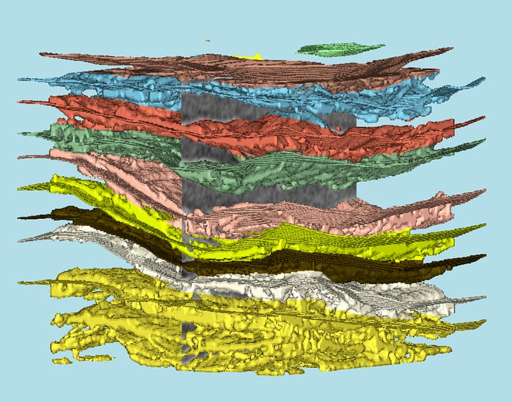 Viewing mesh intersections with a volumetric cube; using those meshes to seed the initial volumetric labeling.