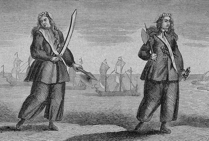 Famous female pirates Anne Bonny and Mary Read from old prints. Anne Bonney is bare chested.