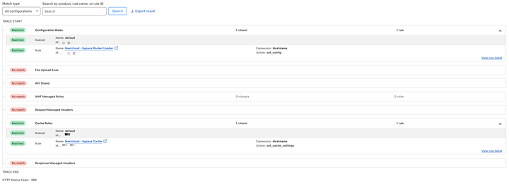 Cloudflare rules setup and Cloudflare Trace results