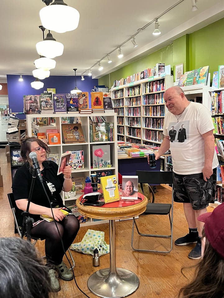 Two photos of Kathryn Mockler and Kirby reading at Another Story Bookstore TO