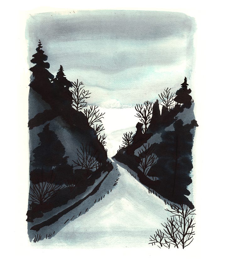 two more ink paintings of roads between hills with black trees on. 