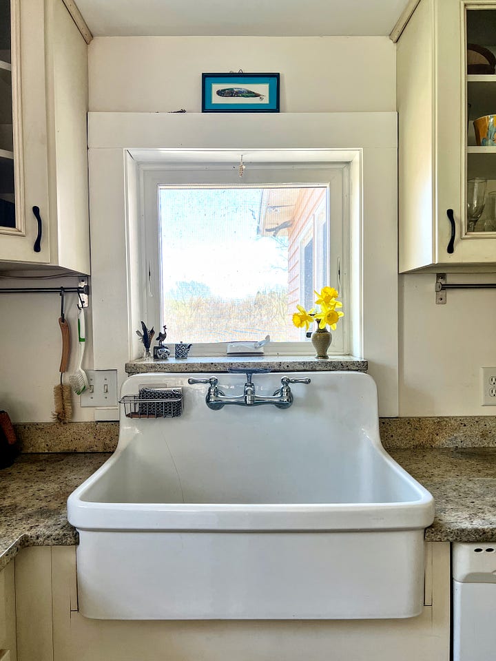 Kitchen with a large sink and an island in the centre.