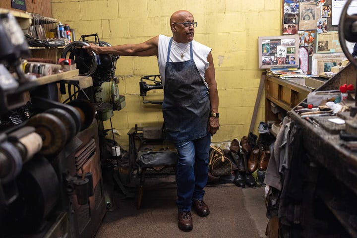 Left: Creations Market owner Philomene Philostin in her store in Springfield, Ohio. Right: Cliff Borden, owner of Pritchet’s Shoe Service. Photos: Maddie McGarvey for The Washington Post, September 16, 2024.