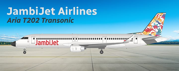 JambiJet Aria T152 Transonic in example Batik livery, shown in side view while in midflight (L) and while parked on a tarmac (R).