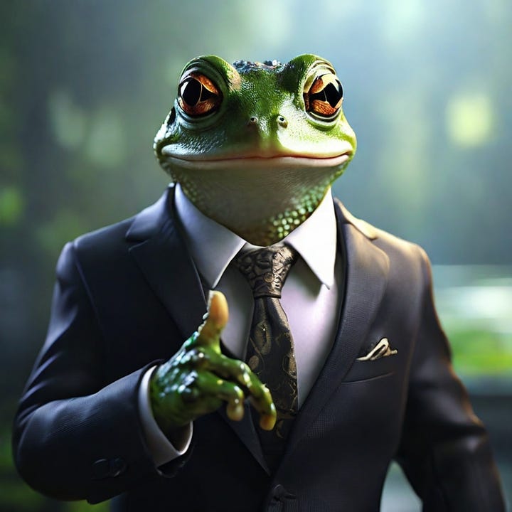 a frog is pointing the camera, realistic, humanoid, wearing suit, rich, smiling