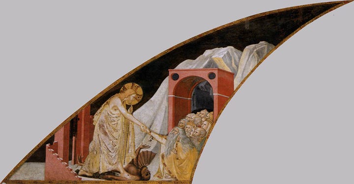 Lower Church, San Francesco, Assisi, Descent into Limbo by Pietro Lorenzetti (c. 1320), The meeting between the hands of Christ and Adam
