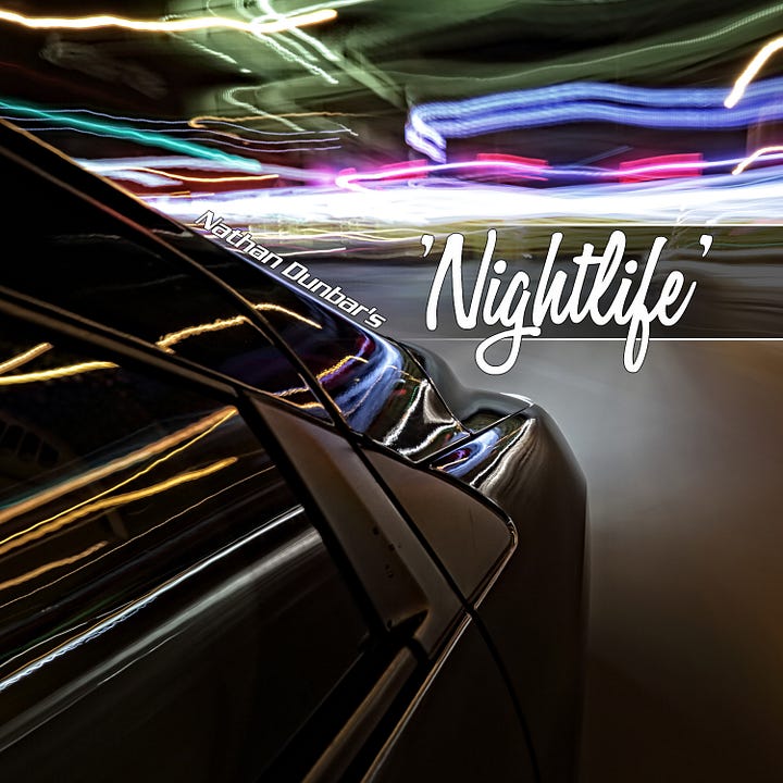 First image is cover art for the album "Nathan Dunbar's Nightlight" depicting the rear panel of a car in front of streaking blurred lights. Text: Nathan Dunbar's 'Nightlife.' 2nd image: Framed waveform of the song "Outside" by Kielen King.