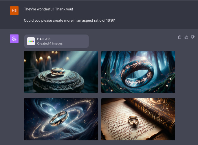 Screenshots showing ChatGPT image results for Lord of the Rings style rings