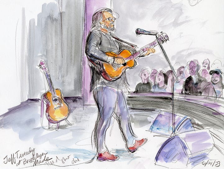 Sketches of Jeff performing in Brooklyn by courtroom sketch artist Elizabeth Williams