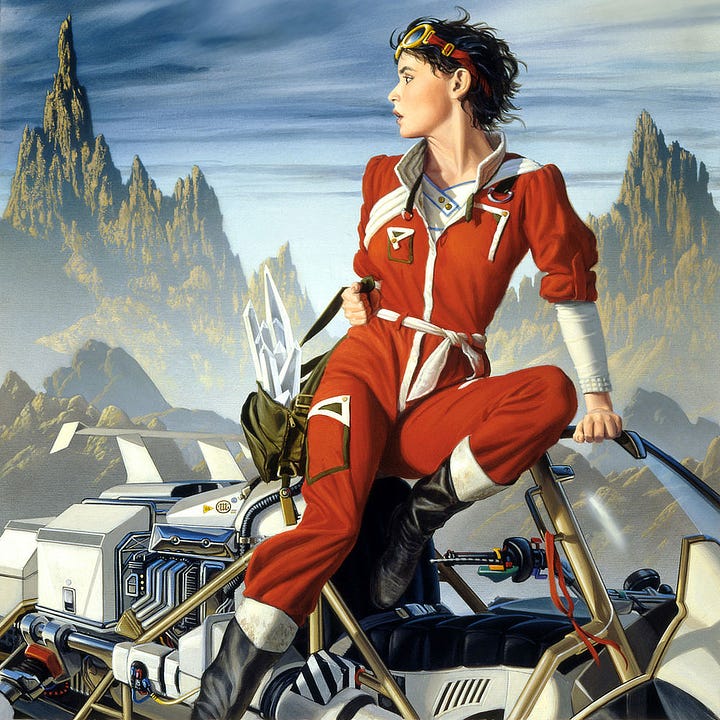 LEFT: Detail from KILLSHANDRA featuring a woman in red jumpsuit trimmed in white mountaining an open-seated futurisitic space bike. She holds the strap of a bag weighed down with long clear crystal shards. RIGHT: Preliminary concept for KILLASHANDRA posed the same as the final cover with her ready to mount an open-seated futuristic space bike.