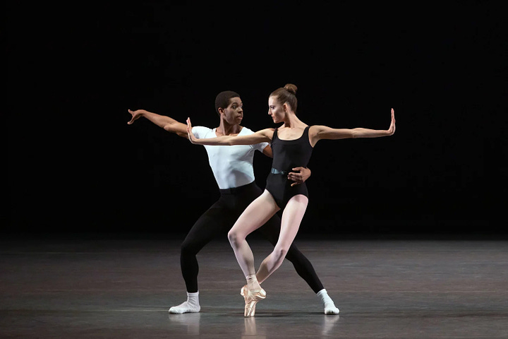 Two images of the NYCB, on the left company class, on the right two dancers performing The Four Temperaments.