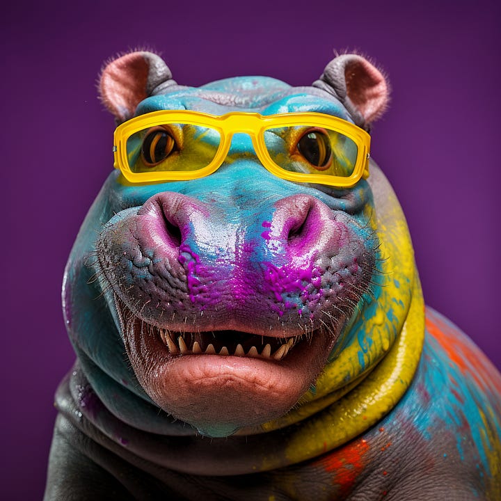 Portrait of a happy hippo without and with yellow glasses. Inpainted by Midjourney.