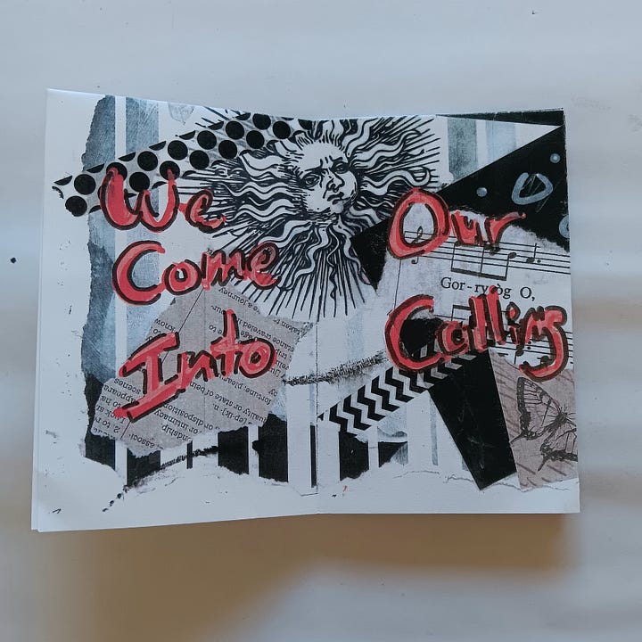 Images of a black and white zine with red lettering