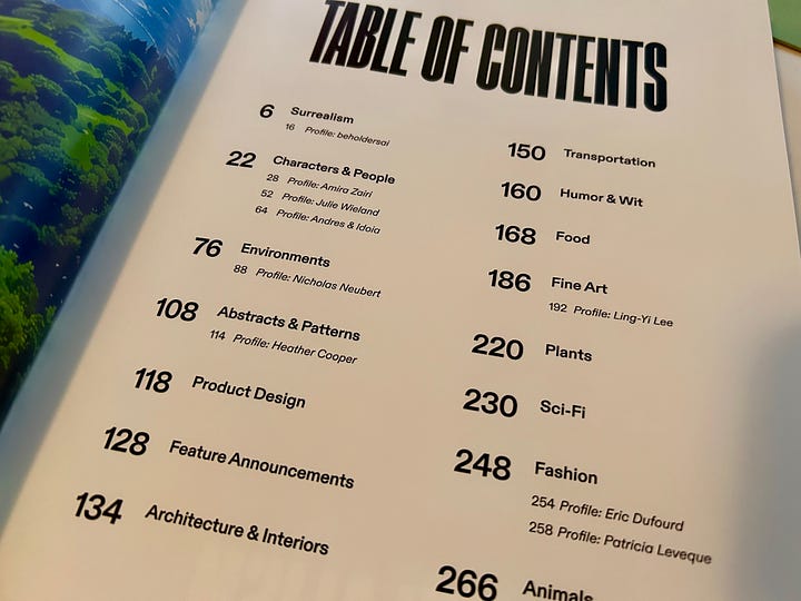 Photos of Midjourney's Year One hardcover book and the table of contents