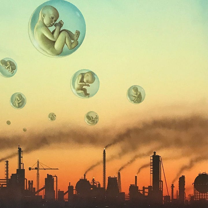 LEFT: Detail from CHILDREN OF THE THUNDER featuring spherical bubbles containing a human baby. Each is in a different position giving a sense of tumbling motion. RIGHT: Closer detail from CHILDREN OF THE THUNDER featuring plums of smoke drifting left to right over orange smoggy sky. Above float spherical bubbles each containing a human baby.