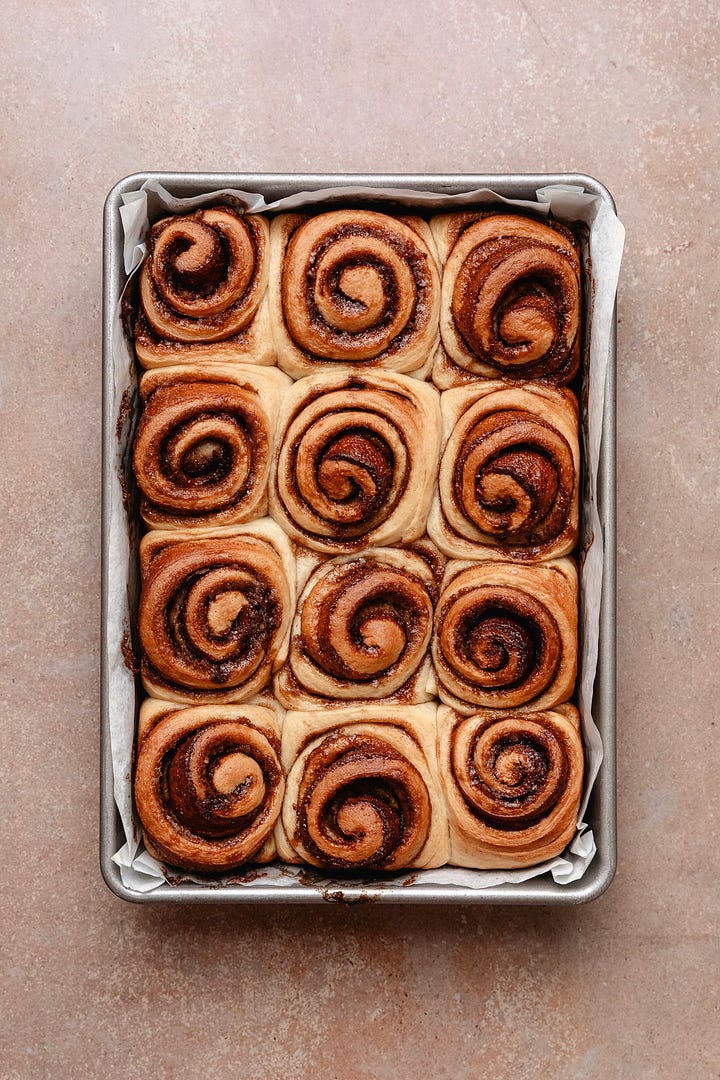 Images showing steps to make vegan cinnamon rolls topped with cream cheese frosting