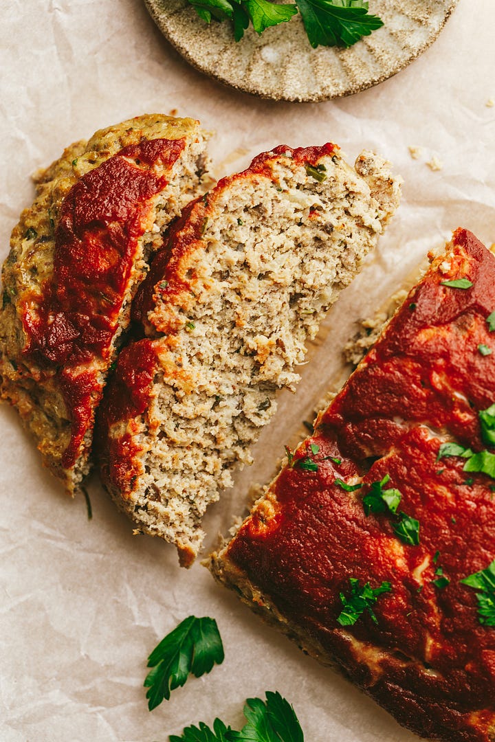 Keto turkey meatloaf sliced into servings.