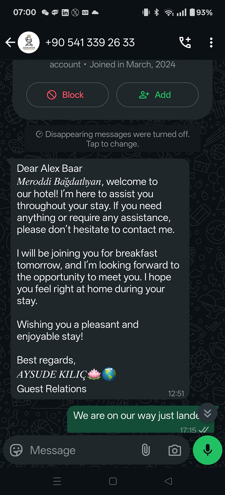 Great guest experience by WhatsApp at Meroddi Bagdatliyan Hotel