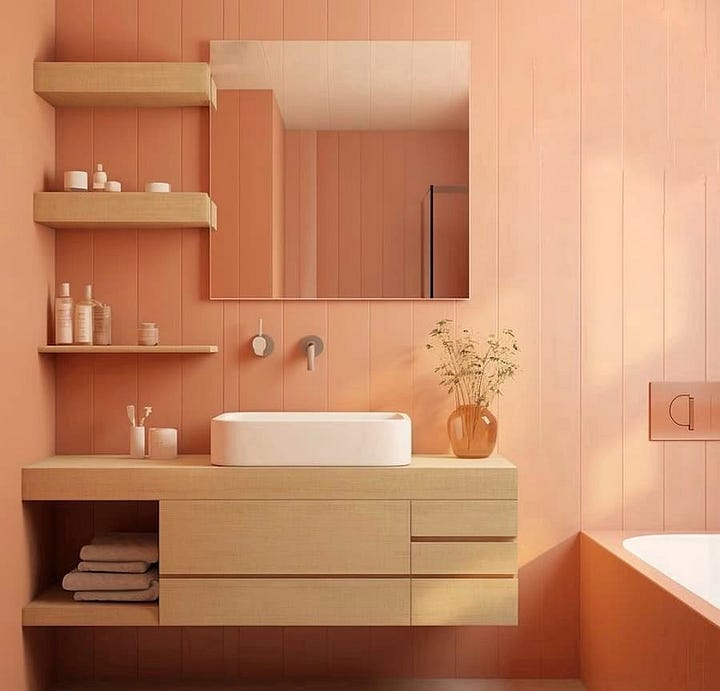 Peach Fuzz colour theme combined with beech wooden units for both a kitchen and bathroom 