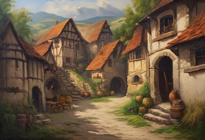 Oil painting of a medieval village, SDXL vs MJ