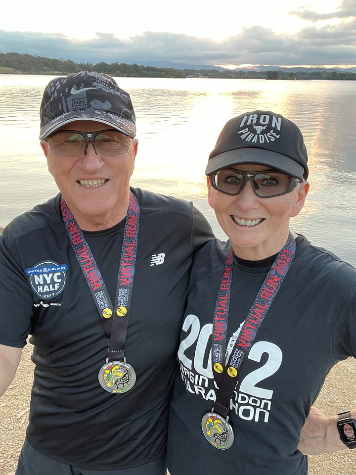 Two photos. Each photo: a man and a woman in running gear, caps, sun glasses, and medals.