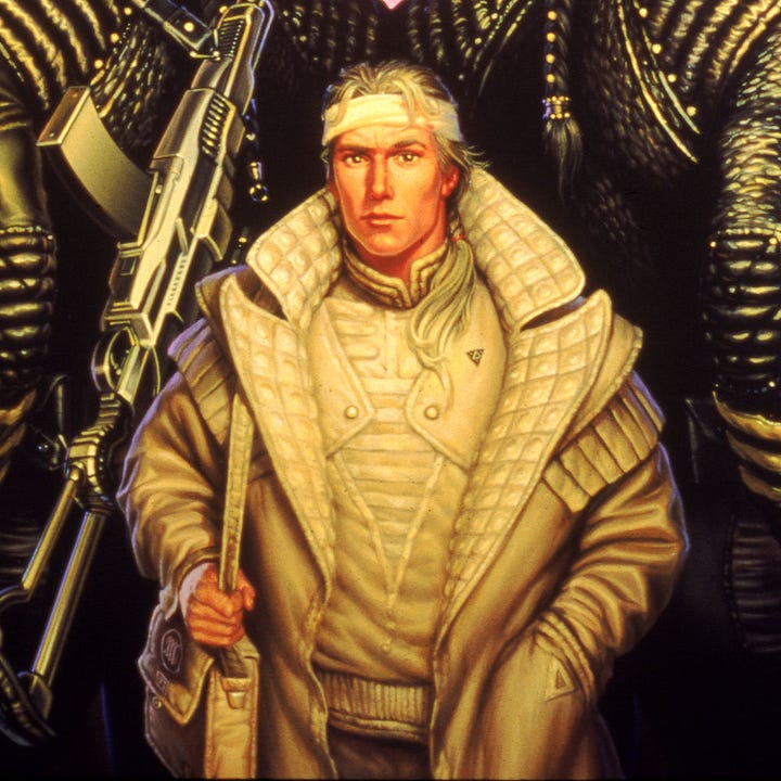 LEFT: Detail from FOREIGNER featuring a human male dressed in white towered over by two aliens with pure black skin. Both aliens, male and female, wear leather uniforms. The male on the left has an assault rifle strapped over his back. The female holds a laser pistol low at her side.  RIGHT: Figure detail from FOREIGNER featuring the human male dressed in white. He wears a headband with blonde hair spilling over it. The collar of his leather overcoat is flared wide. A pale ponytail winds down the color to the structured shirt beneath and barely reaches his chest. He casually grasps the strap of his shoulder bag. The flap is marked with the artists symbol, the stylized letters M and W bound by a circle.