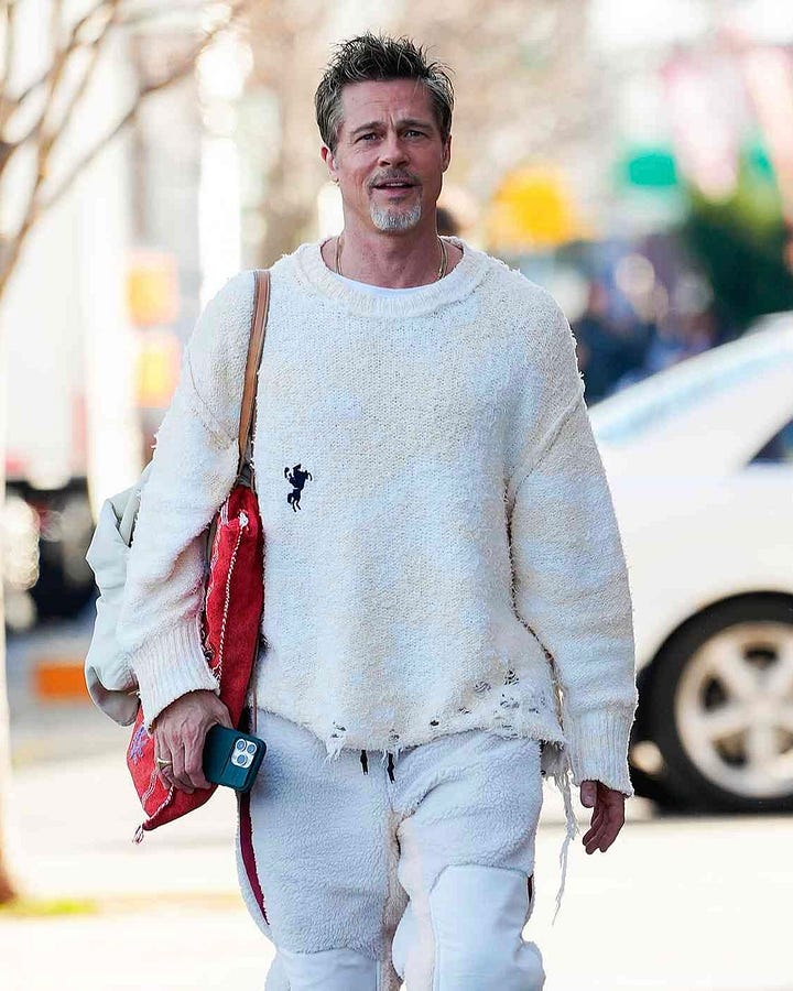 Brad Pitt chunky sweaters. Colorful sweaters.
